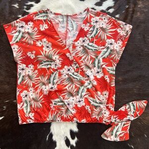 Parallel Skies Hawaiian Floral Red Wrap Top